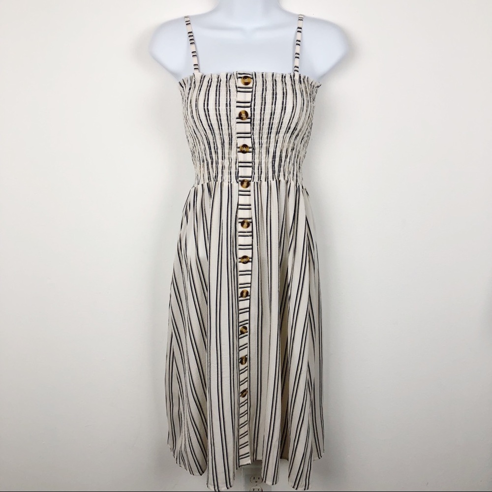 NWT Blue B Sleeveless Smocked Striped Dress Size Small Self Tie Straps